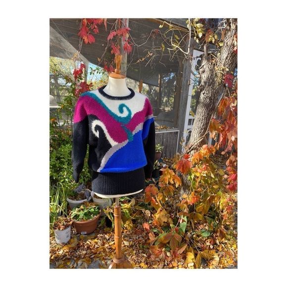 80s Color Block Knit Sweater Crew New Wave Colour Block Sz M - Picture 10 of 13